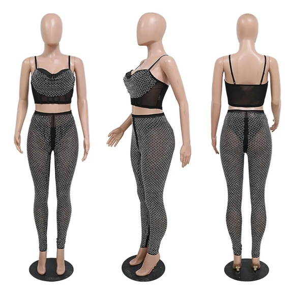 Rhinestones Mesh 2 pieces set outfit new strech material. Apricot color. - Picture 3 of 8